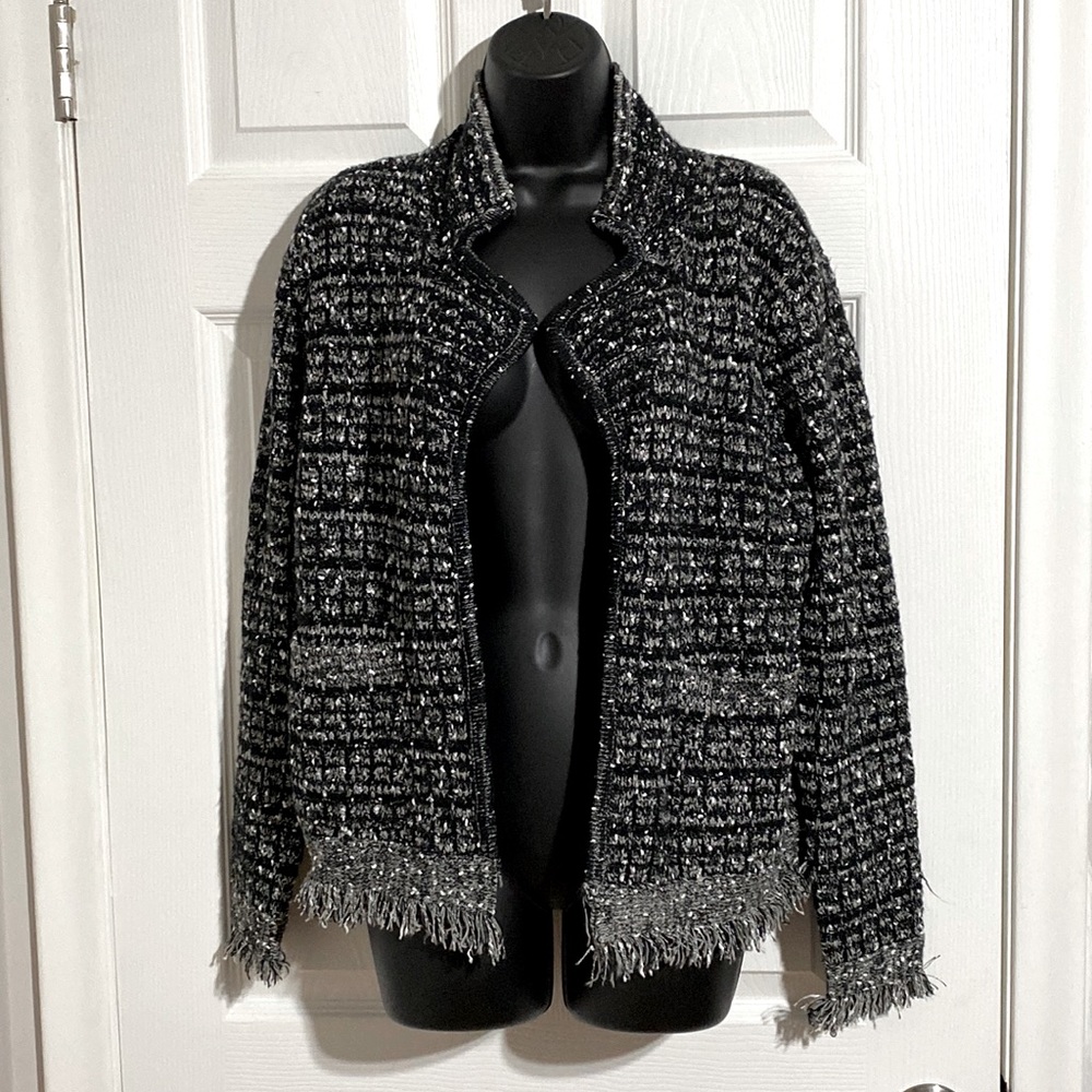 NWT Sioni Black and White Open Front Cardigan with Fringe Sz M
